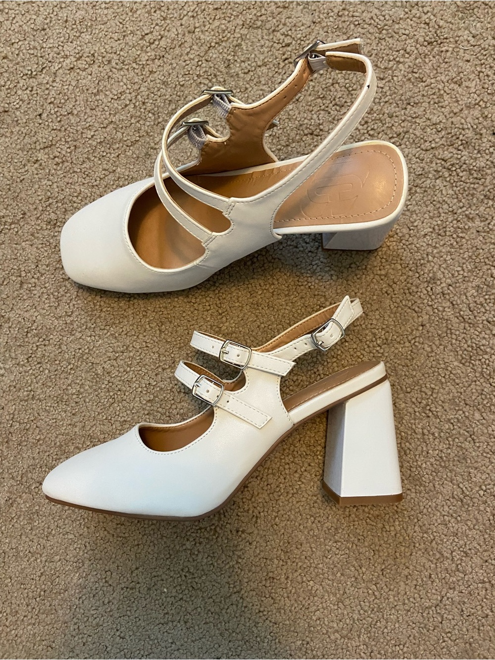 White Double-Strap Block Heel Pumps for Women
